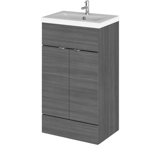 Hudson Reed Fusion 500mm Anthracite Woodgrain Floor Standing 2 Door Vanity Unit & Ceramic Basin With Handles
