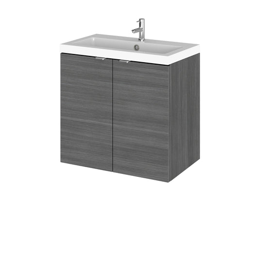 Hudson Reed Fusion 600mm Anthracite Woodgrain Wall Hung 2 Door Vanity Unit & Basin With Soft Close Doors