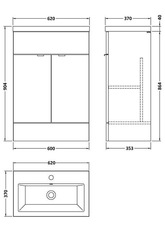 Hudson Reed Fusion 600mm Charcoal Black Floor Standing 2 Door Vanity Unit With Basin