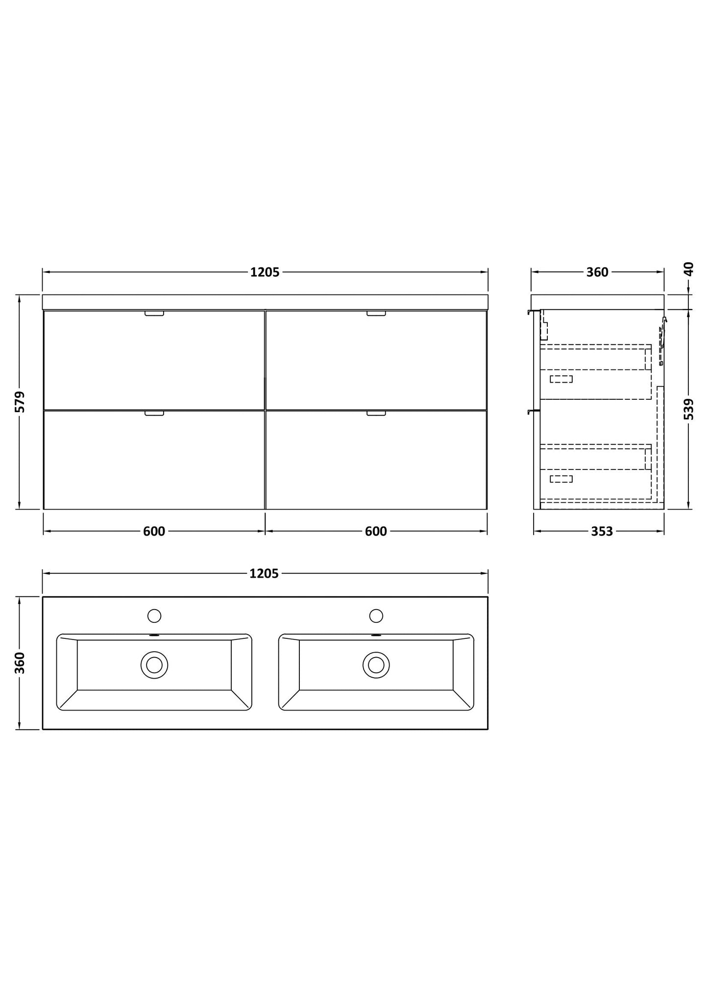 Hudson Reed Fusion 1200mm Wall Hung 4 Drawer Vanity Unit With Twin Ceramic Basin