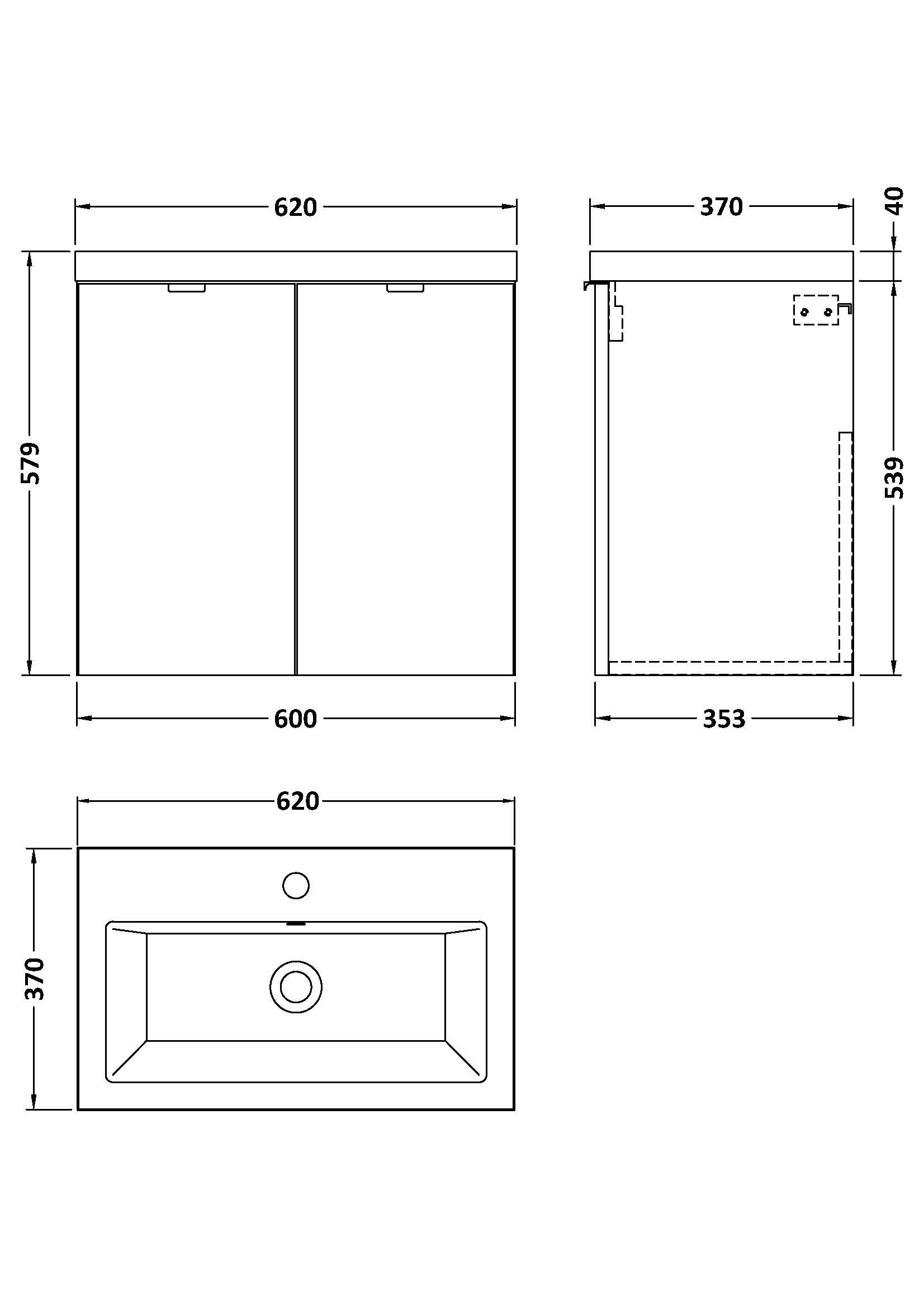 Hudson Reed Fusion 600mm Charcoal Black Wall Hung 2 Door Vanity Unit & Ceramic Basin