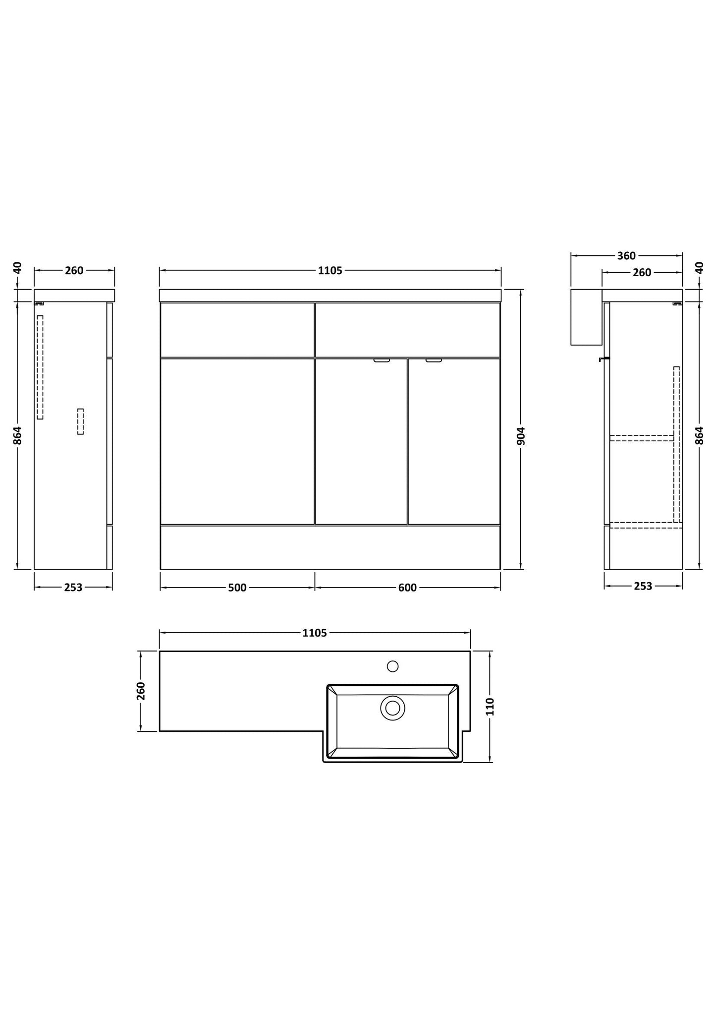 Hudson Reed Fusion 1100mm Floor Standing 2 Door Vanity & Toilet Combination with Right Hand Semi Recessed Basin