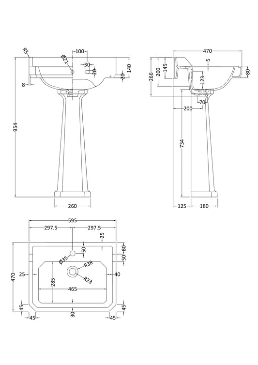 Hudson Reed Richmond 600mm 1 Tap Hole Comfort Height Pedestal Basin