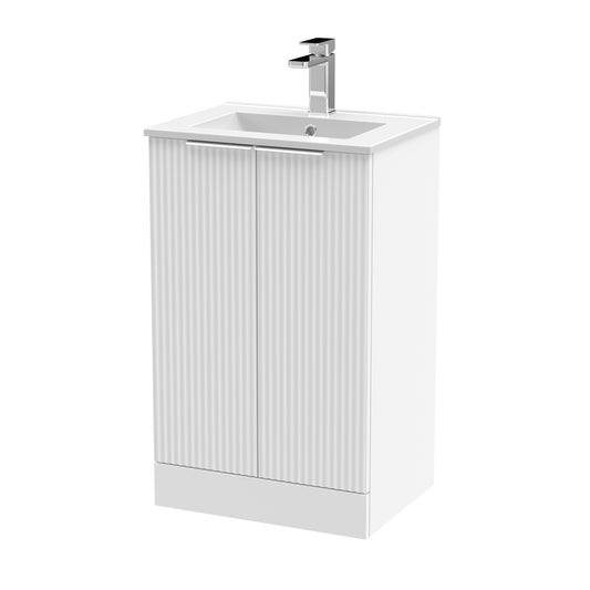 Hudson Reed Fluted 500mm Satin White Floor Standing 2-Door Vanity Unit With Ceramic Basin