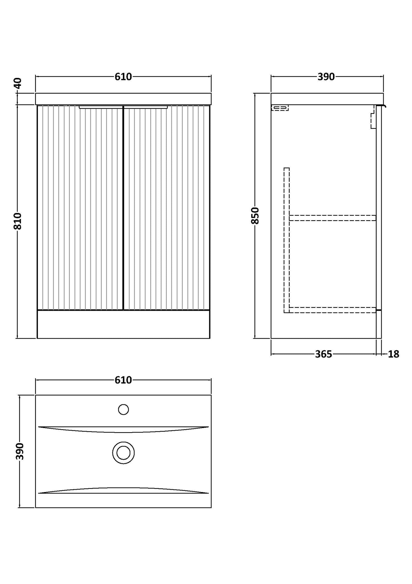 Hudson Reed Fluted 600mm Satin White Floor Standing 2-Door Vanity Unit With Basin