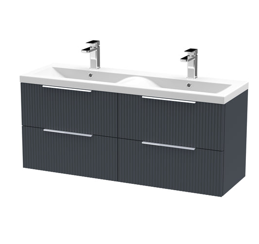 Hudson Reed Fluted 1200mm Soft Black Wall Hung 4-Drawer Double Basin Vanity Unit With Ceramic Basin