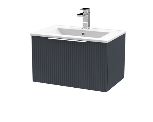 Hudson Reed Fluted 600mm Soft Black Wall Hung Single Drawer Vanity Unit With Ceramic Basin