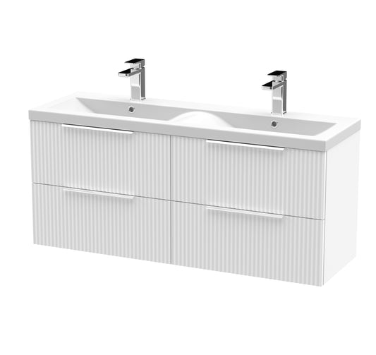 Hudson Reed Fluted 1200mm Satin White Wall Hung 4-Drawer Vanity Unit With Double Basin
