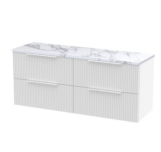 Hudson Reed Fluted 1200mm Satin White Wall Hung 4-Drawer Vanity Unit With Laminate Worktop & Handles