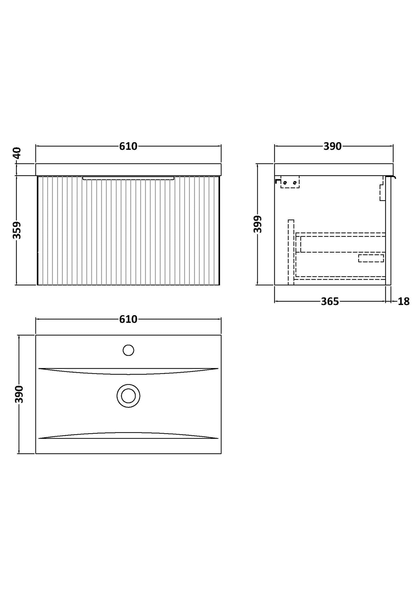 Hudson Reed Fluted 600mm Wall Hung Single Drawer Vanity Unit with Basin