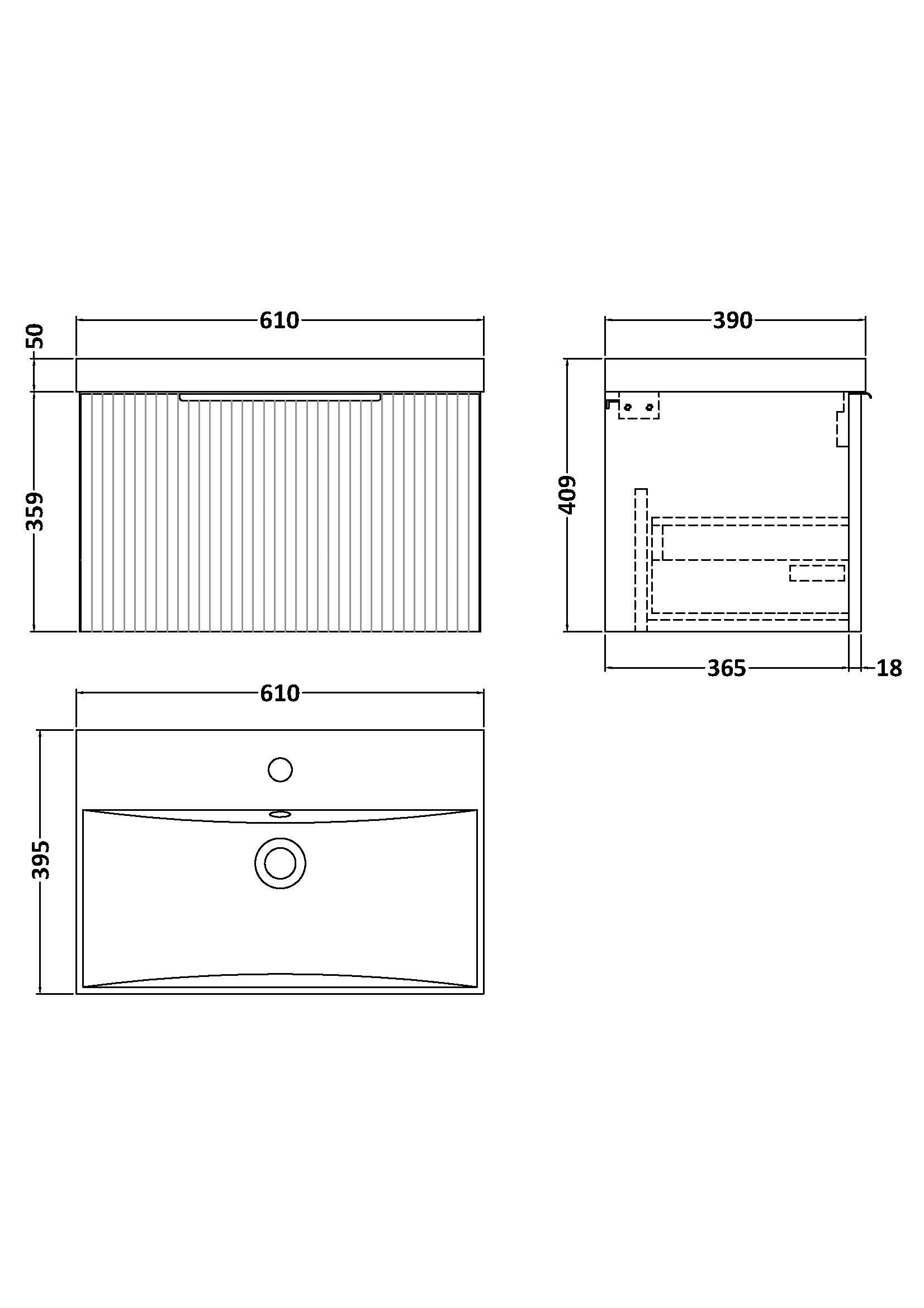 Hudson Reed Fluted 600mm Wall Hung Single Drawer Vanity Unit Including Basin
