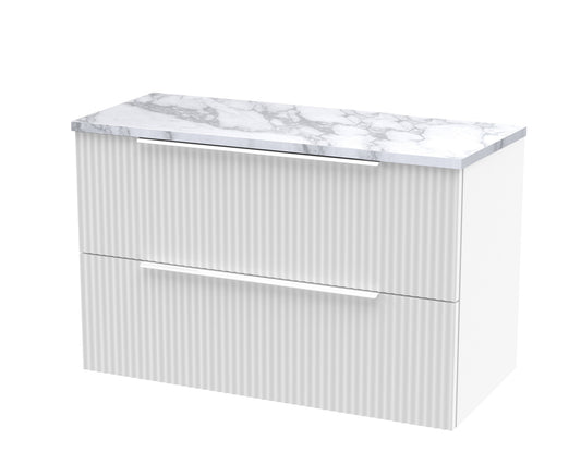 Hudson Reed Fluted 800mm Satin White Wall Hung 2-Drawer Vanity Unit With Laminate Worktop