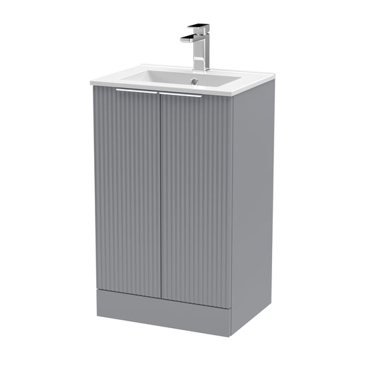 Hudson Reed Fluted 500mm Satin Grey Floor Standing 2-Door Vanity Unit With Basin