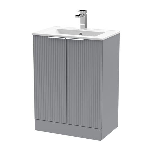 Hudson Reed Fluted 600mm Satin Grey Floor Standing 2-Door Vanity Unit With Basin