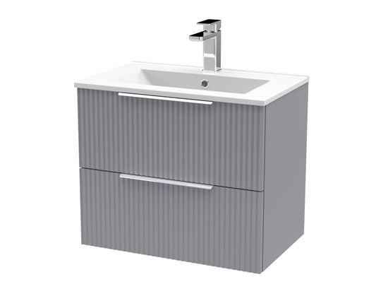 Hudson Reed Fluted 600mm Satin Grey Wall Hung 2-Drawer Vanity Unit Including Basin