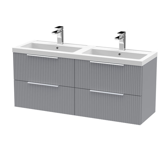 Hudson Reed Fluted 1205mm Satin Grey Wall Hung 4-Drawer Vanity Unit with Double Basin, Pre-Assembled