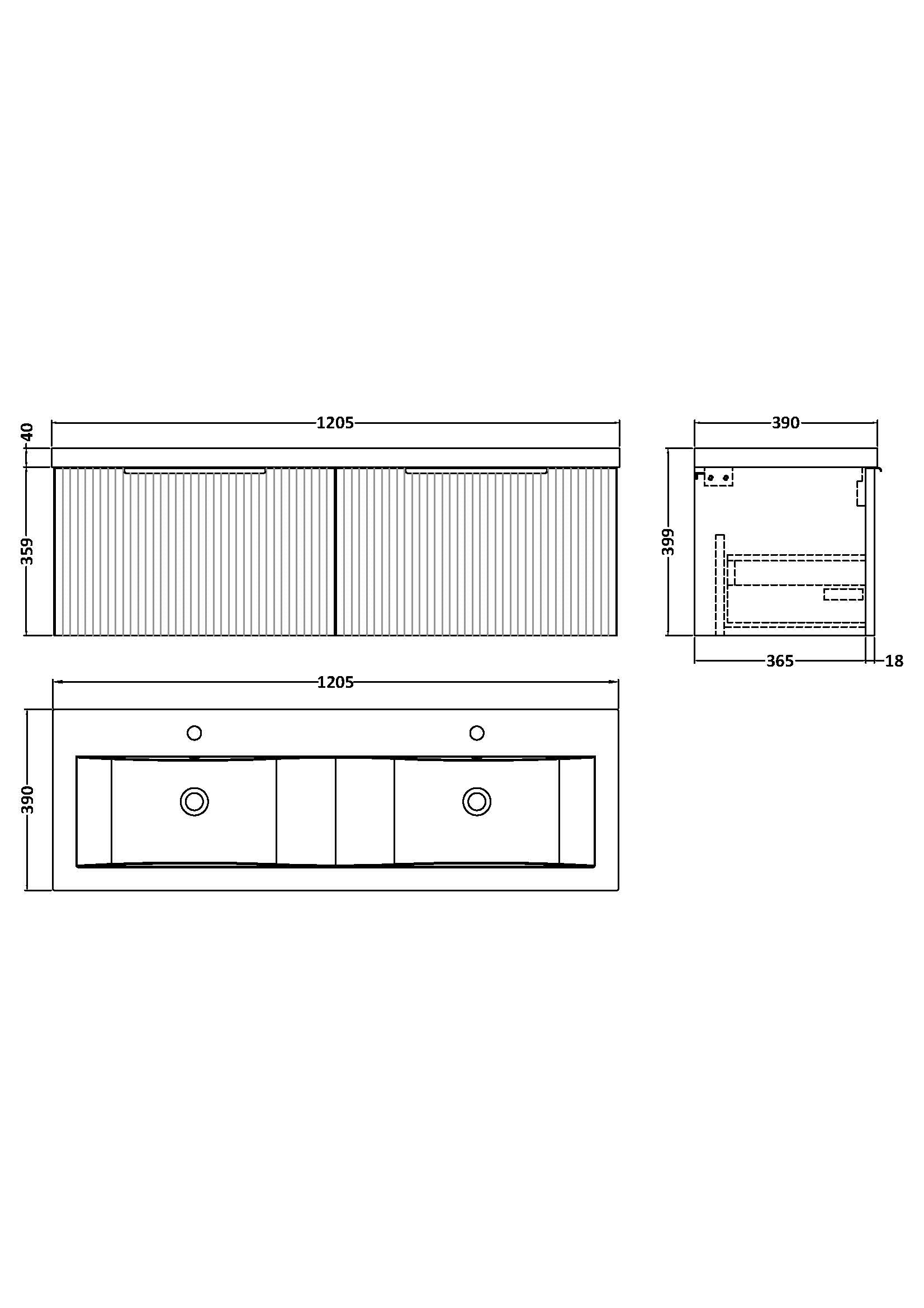 Hudson Reed Fluted 1200mm Wall Hung 2-Drawer Vanity Unit & Double Basin