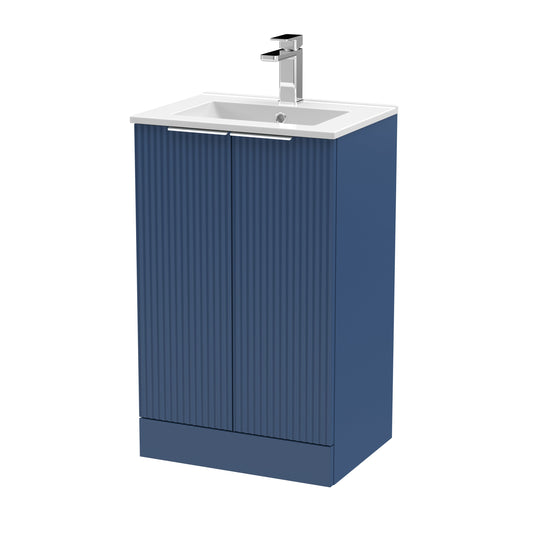 Hudson Reed Fluted 500mm Satin Blue Floor Standing 2-Door Vanity Unit with Basin
