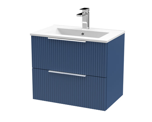 Hudson Reed Fluted 600mm Satin Blue Wall Hung 2-Drawer Vanity Unit Including Basin