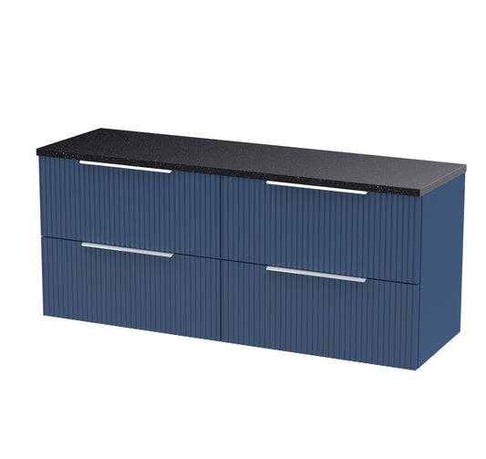 Hudson Reed Fluted 1200mm Satin Blue Wall Hung 4-Drawer Vanity Unit With Laminate Worktop