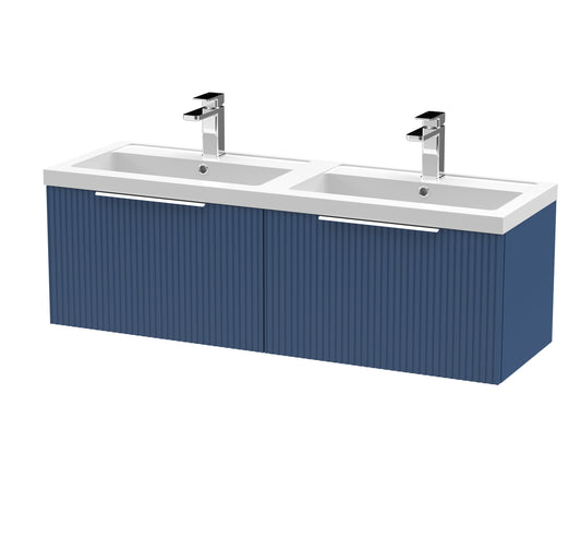 Hudson Reed Fluted 1200mm Satin Blue Wall Hung 2-Drawer Vanity Unit with Polymarble Double Basin