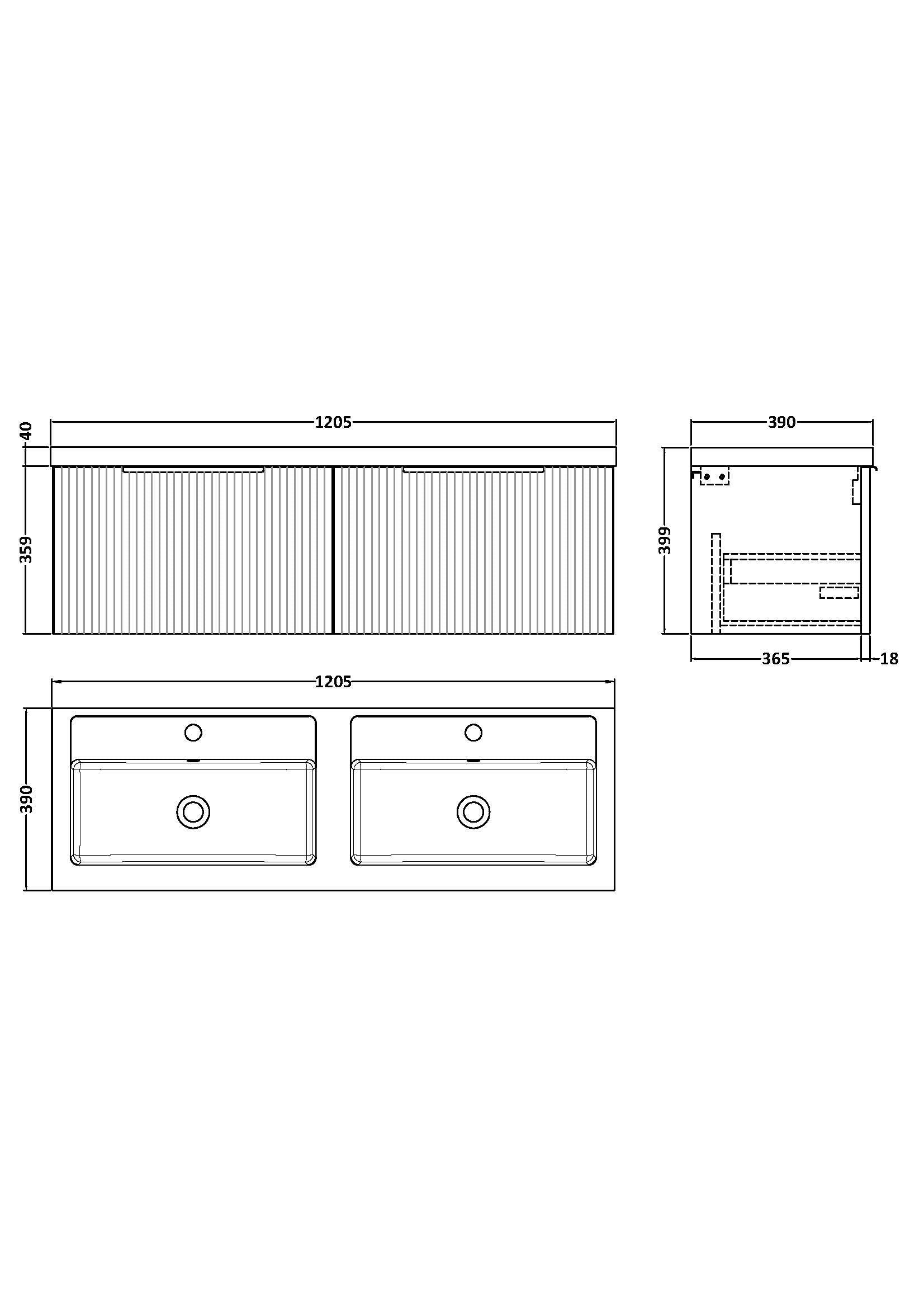 Hudson Reed Fluted 1200mm Satin Blue Wall Hung 2-Drawer Vanity Unit with Polymarble Double Basin