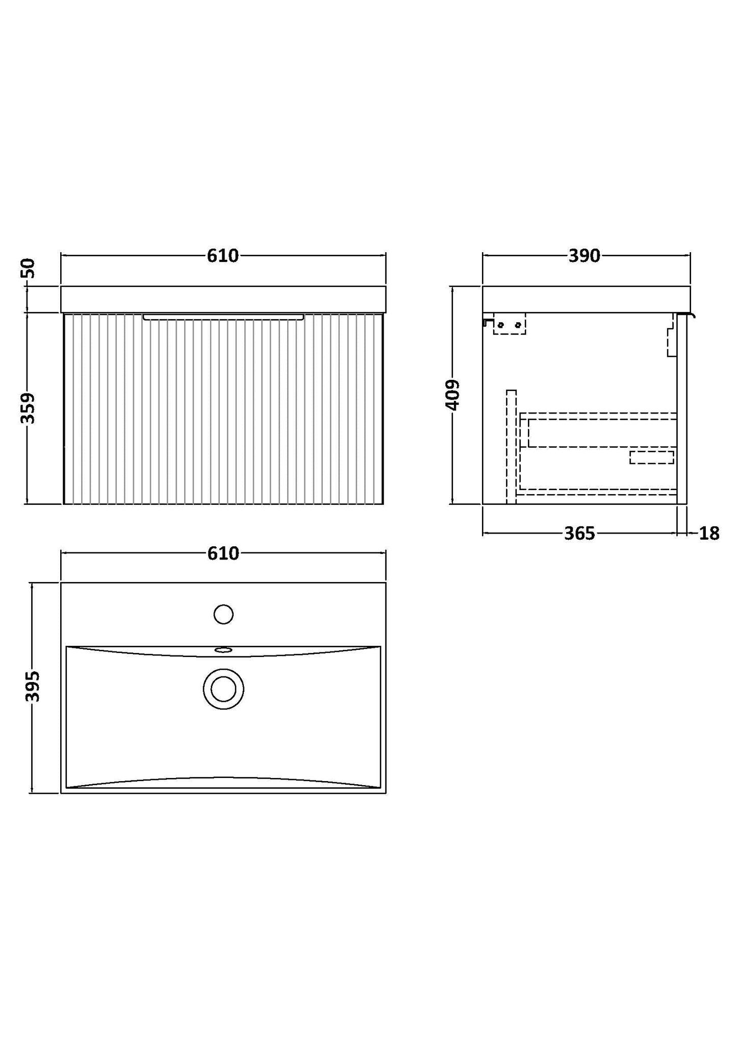Hudson Reed Fluted 600mm Wall Hung Single Drawer Vanity and Thin-Edge Basin