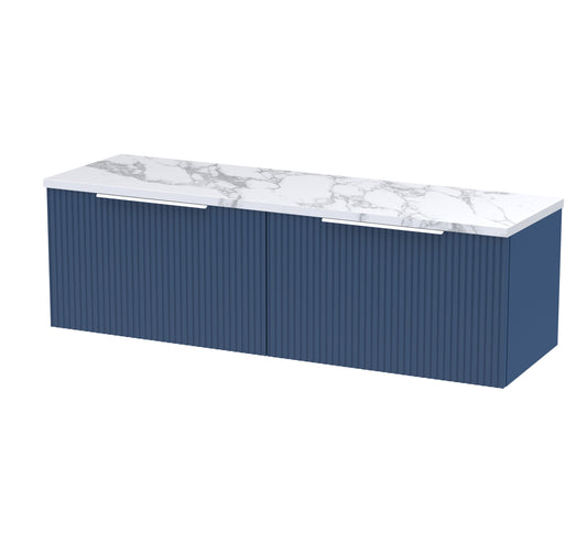 Hudson Reed Fluted 1200mm Satin Blue Wall Hung 2-Drawer Vanity Unit With Laminate Worktop With Soft Close Drawers