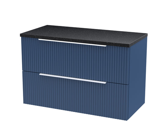 Hudson Reed Fluted 805mm Satin Blue Wall Hung 2-Drawer Vanity Unit With Laminate Top