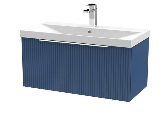 Hudson Reed Fluted 800mm Satin Blue Wall Hung Single Drawer Vanity Unit with Basin