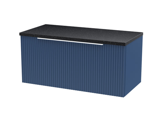 Hudson Reed Fluted 800mm Satin Blue Wall Hung Single Drawer Vanity Unit With Laminate Top