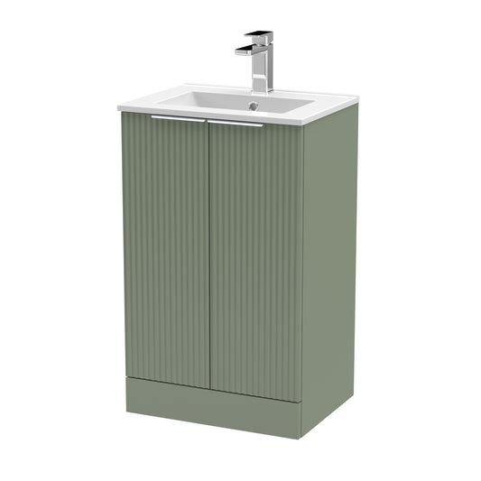 Hudson Reed Fluted 500mm Satin Green Floor Standing 2-Door Vanity Unit With Basin