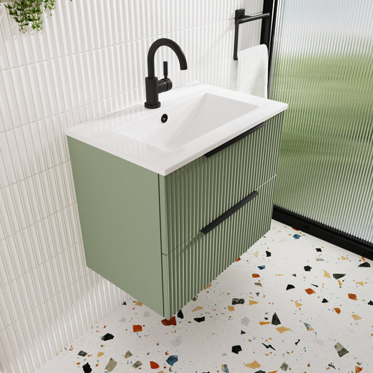 Hudson Reed Fluted 500mm Satin Green Wall Hung 2-Drawer Vanity Unit Including Basin