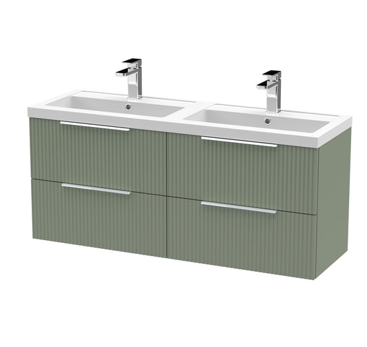 Hudson Reed Fluted 1200mm Satin Green Wall Hung 4-Drawer Vanity Unit with Polymarble Double Basin
