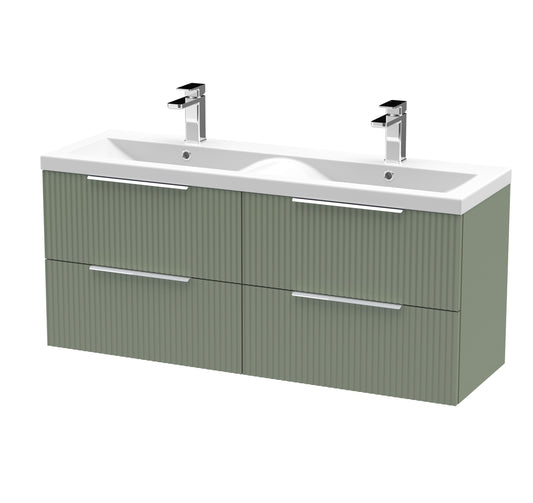 Hudson Reed Fluted 1200mm Satin Green Wall Hung 4-Drawer Vanity Unit with Double Basin