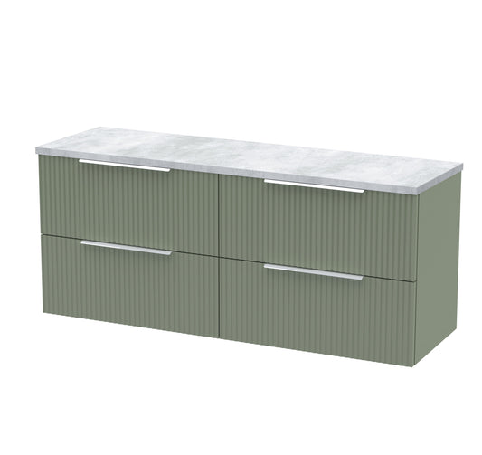 Hudson Reed Fluted 1200mm Satin Green Wall Hung 4-Drawer Vanity Unit With Laminate Worktop
