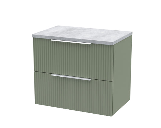 Hudson Reed Fluted 600mm Satin Green Wall Hung 2-Drawer Vanity Unit With Laminate Top