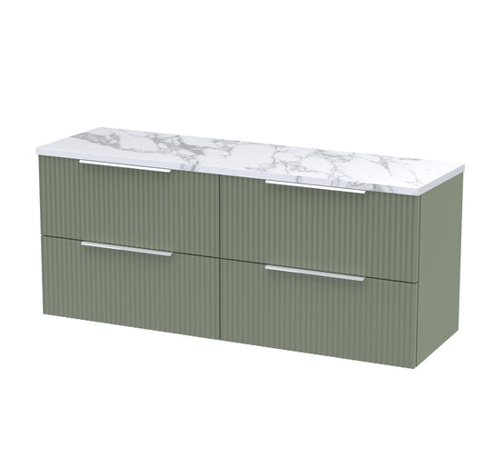 Hudson Reed Fluted Satin Green 1215mm Wall Hung 4-Drawer Vanity Unit With Laminate Worktop