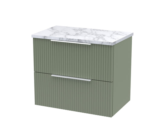Hudson Reed Fluted 600mm Satin Green Wall Hung 2-Drawer Vanity Unit With Laminate Worktop