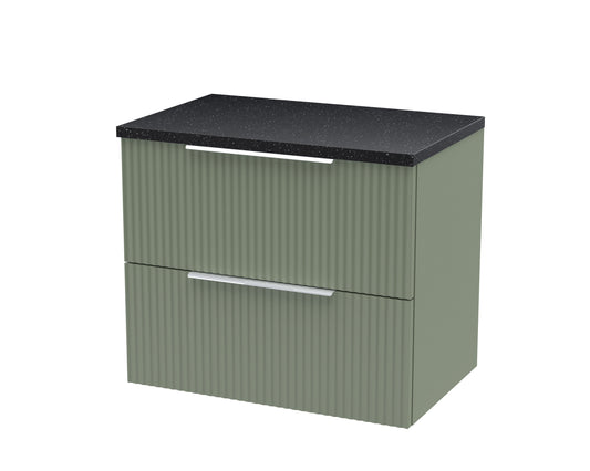 Hudson Reed Fluted 600mm Satin Green Wall Hung 2-Drawer Vanity With Laminate Top