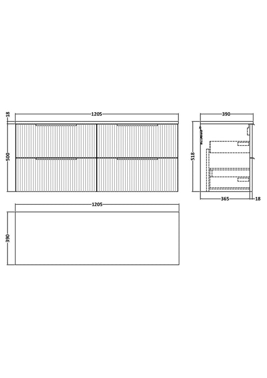 Hudson Reed Fluted 1200mm Satin Green Wall Hung 4-Drawer Vanity Unit With Worktop