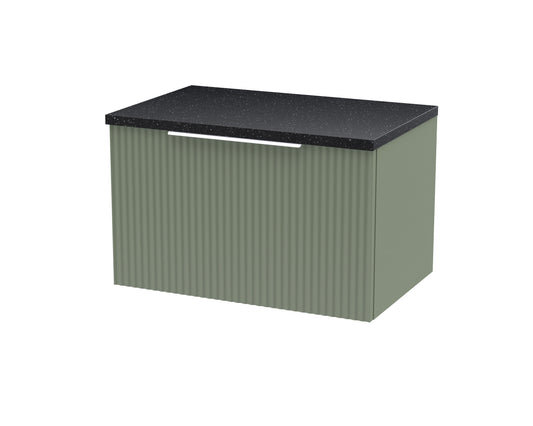 Hudson Reed Fluted 600mm Wall Hung Satin Green Single Drawer Vanity Unit With Laminate Top