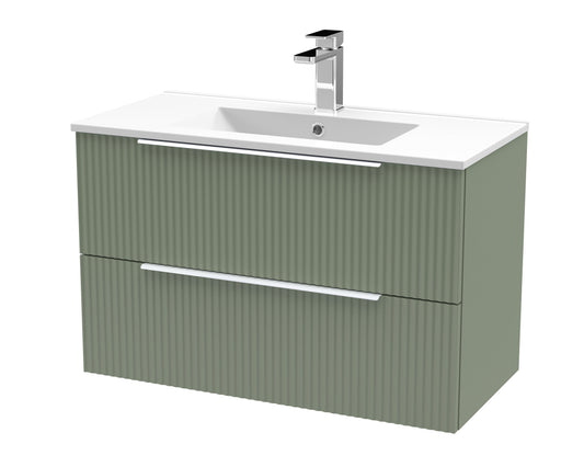 Hudson Reed Fluted 800mm Wall Hung Satin Green 2-Drawer Vanity Unit With Basin