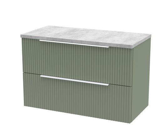 Hudson Reed Fluted 800mm Satin Green Wall Hung 2-Drawer Vanity Unit With Laminate Worktop