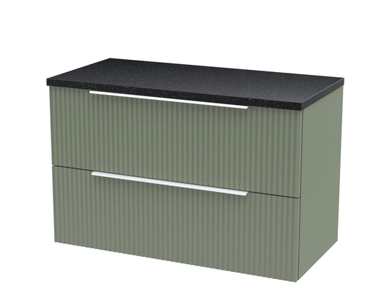 Hudson Reed Fluted 800mm Satin Green Wall Hung 2-Drawer Vanity Unit with Laminate Worktop