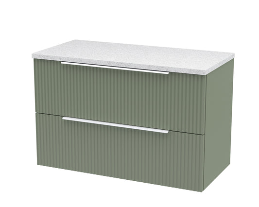 Hudson Reed Fluted 800mm Wall Hung Satin Green 2-Drawer Vanity Unit With Laminate Top