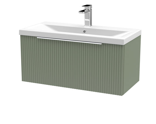 Hudson Reed Fluted 800mm Wall Hung Satin Green Single Drawer Vanity Unit Including Basin
