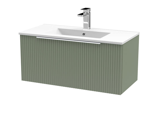 Hudson Reed Fluted 800mm Wall Hung Satin Green Single Drawer Vanity Unit With Basin