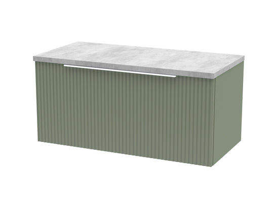 Hudson Reed Fluted 800mm Satin Green Wall Hung Single Drawer Vanity Unit With Laminate Worktop