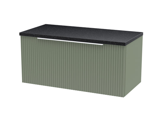Hudson Reed Fluted 800mm Satin Green Wall Hung Single Drawer Vanity Unit With Laminate Worktop